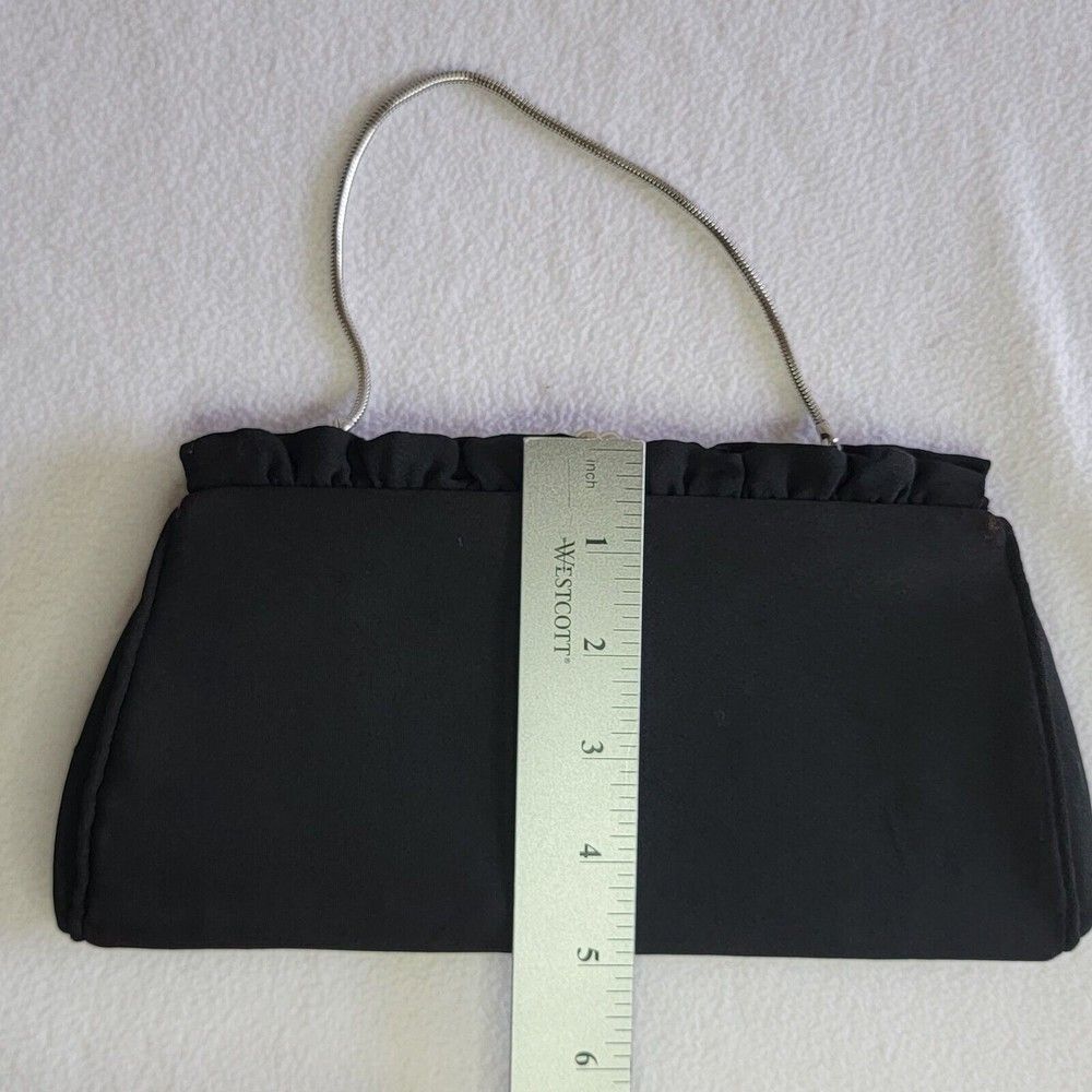 Vintage Satin Evening Clutch Hand Purse Little Black Bag Silver Tone Metal GUC - Picture 3 of 8